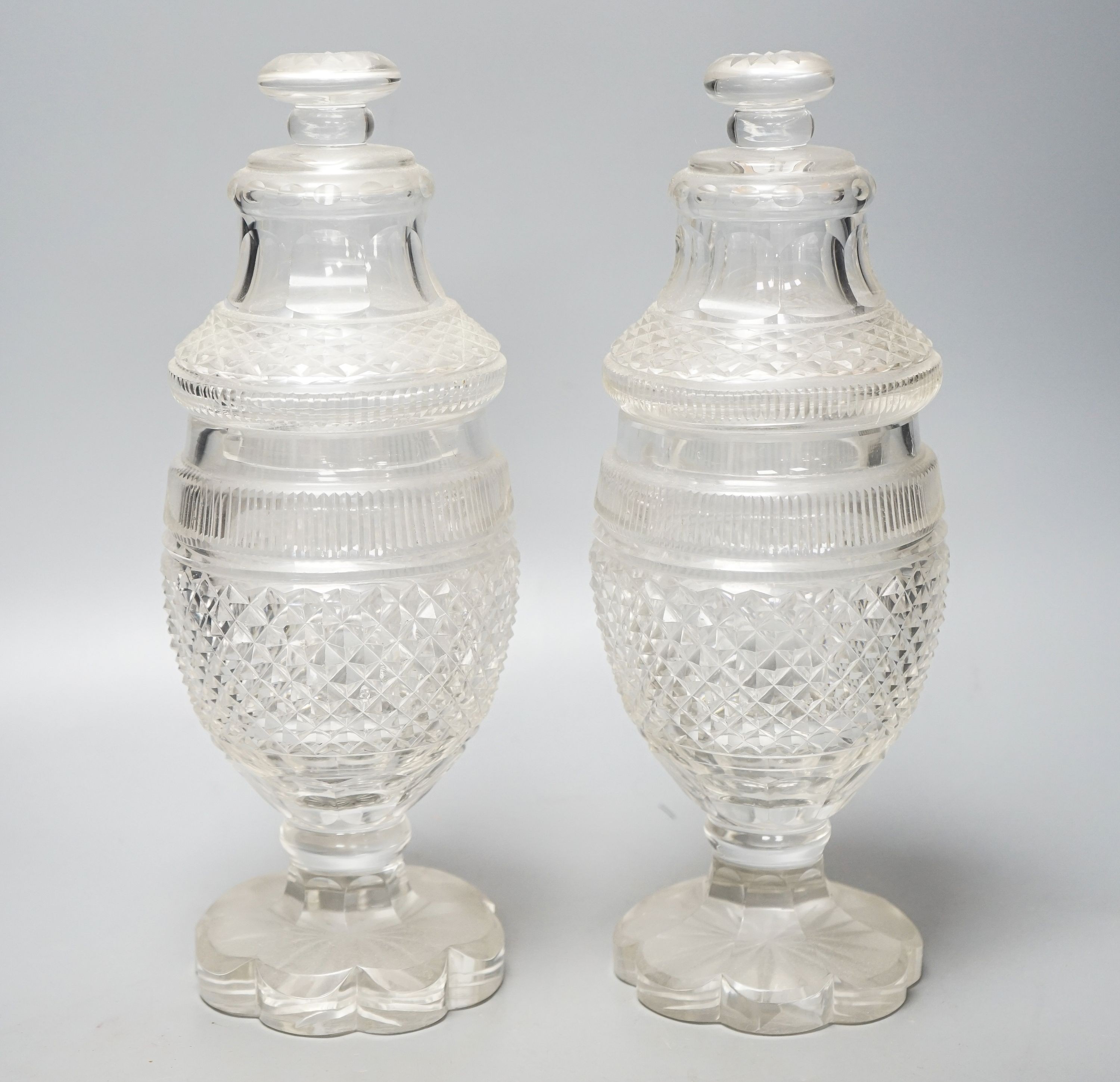 A pair of 19th century cut glass sweetmeat jars and covers, H 30cm